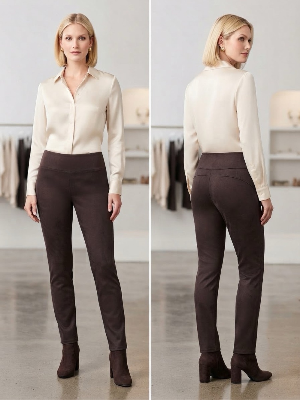 Rafaella Slim High-Waist Suede Pants in Dark Brown